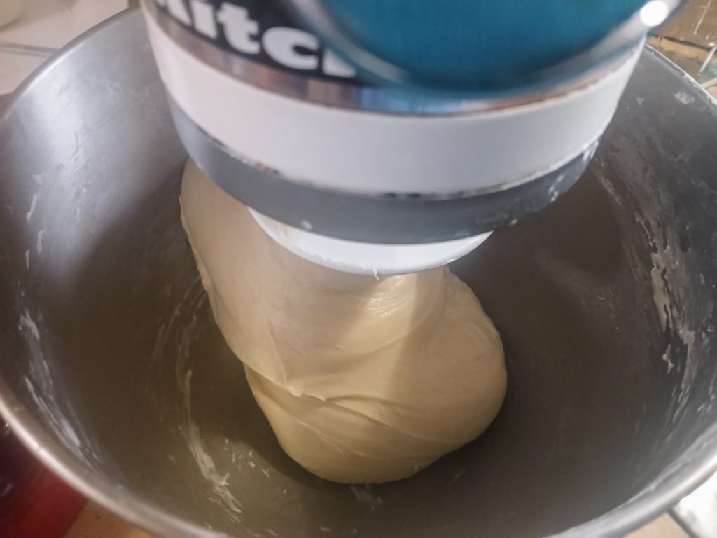 wet dough inside mixing bowl
