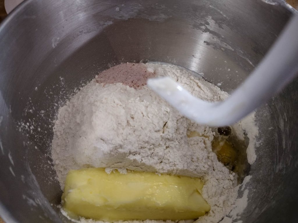 flour,butter, sugar, salt, inside mixing bowl