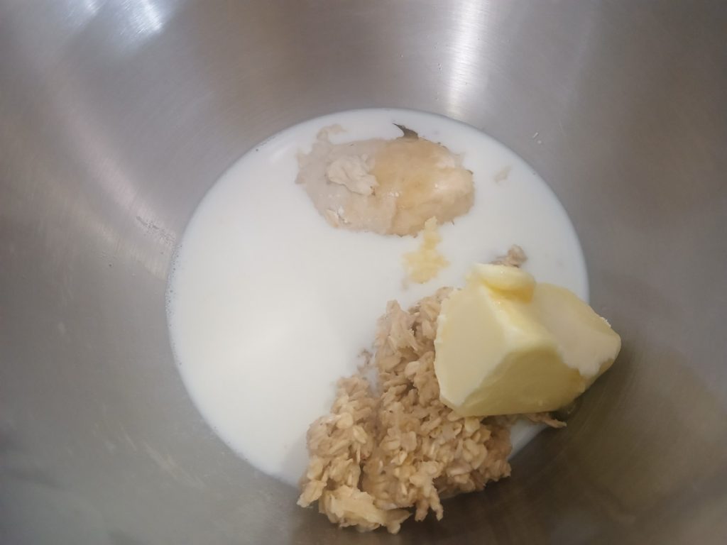 milk, butter, wet, oat inside mixing bowl.