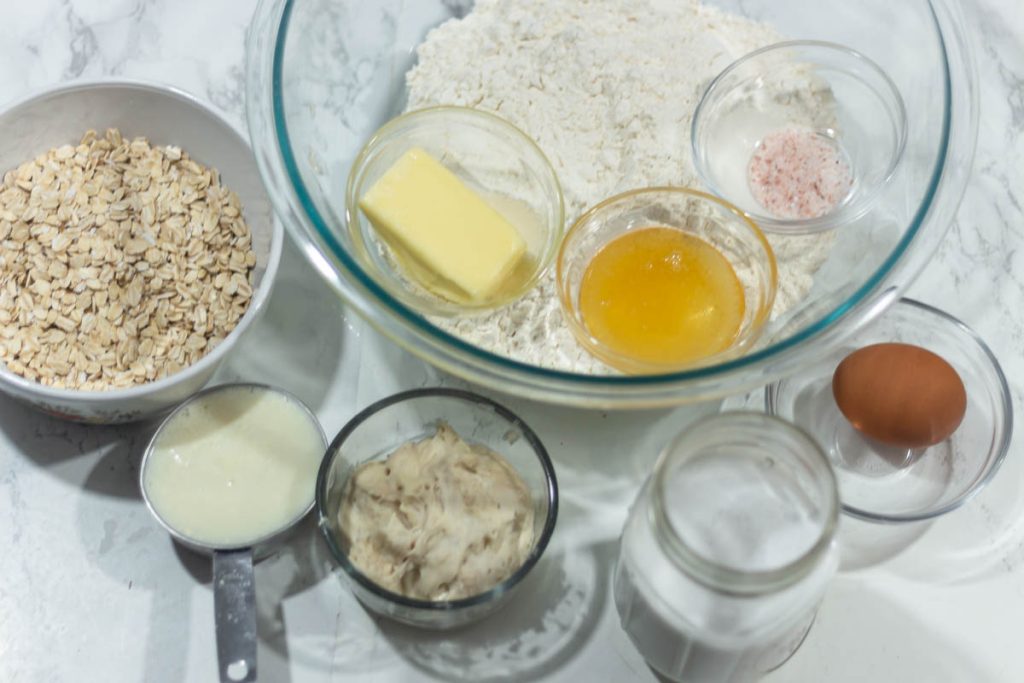 sourdough honey oats ingredients i.e flour, butter, honey, oats, milk, water, salt, sourdough starter