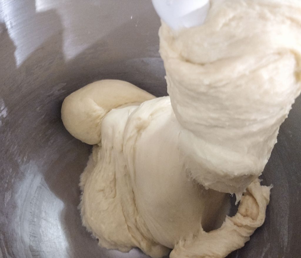 wet dough inside mixing bowl