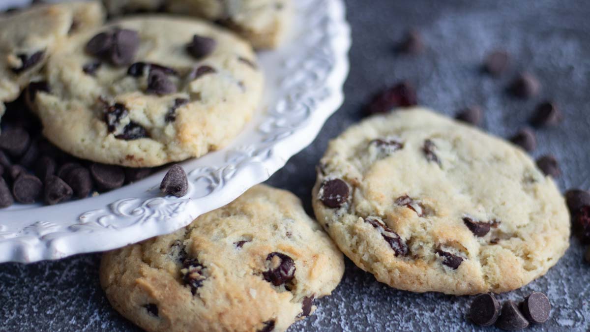 sourdough chocolate chip cookies on a plate