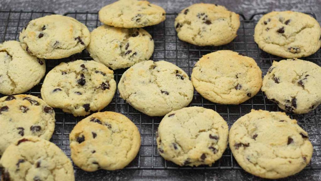 sourdough chocolate chips cookies on a cooling rack
