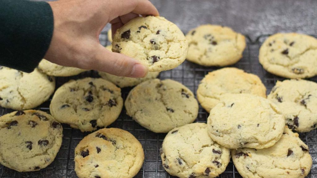 hand picking a sourdough chocolate chip cookies