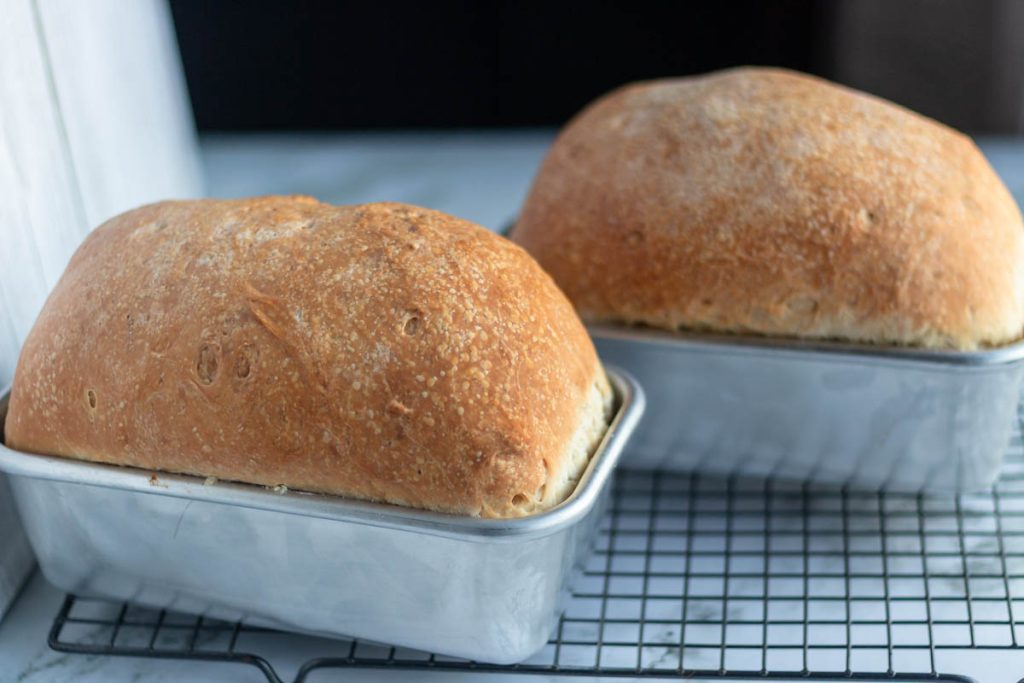 two loaves of baked sourdough sandwich bread