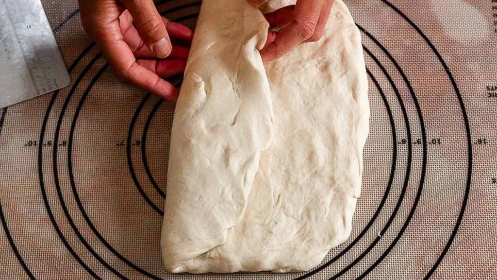 two hands folding sourdough sandwich wet dough on a mat step 2